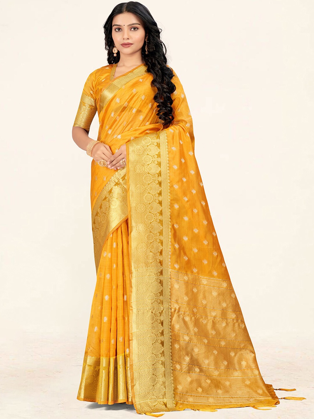 

SANGAM PRINTS Woven Design Zari Organza Saree, Yellow