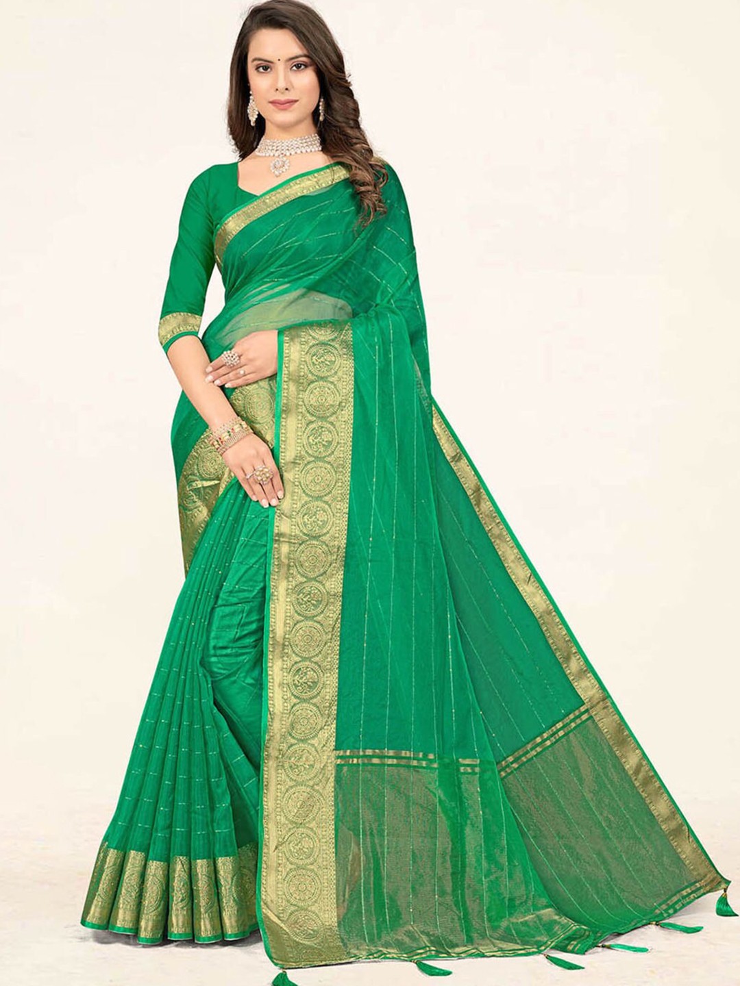 

SANGAM PRINTS Striped Zari Organza Saree, Green