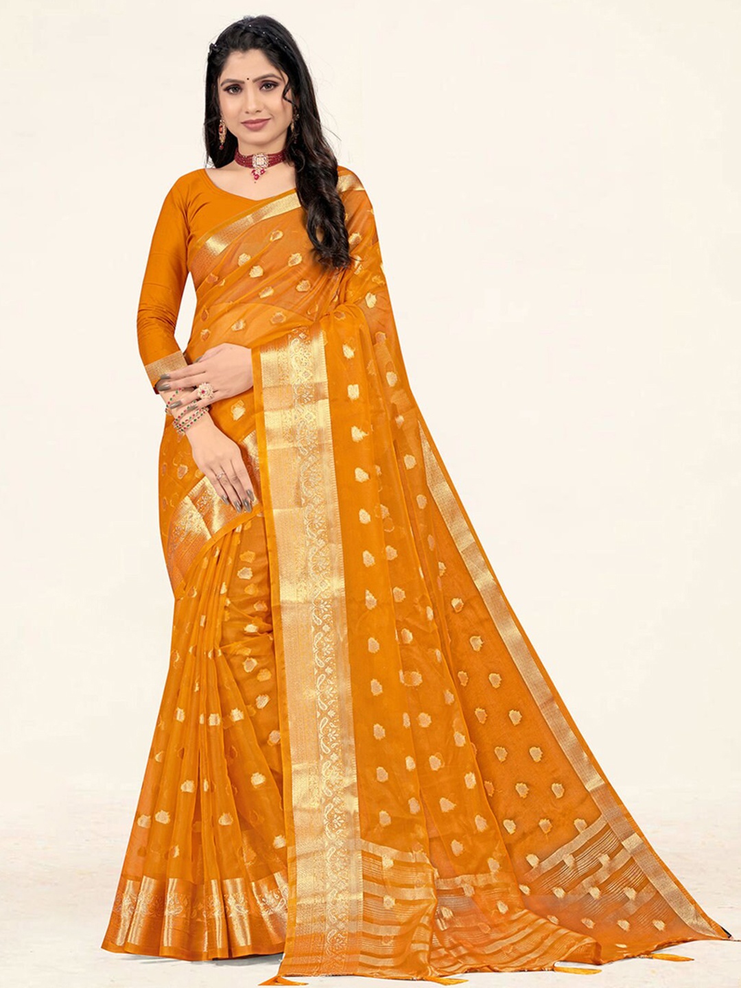 

SANGAM PRINTS Woven Design Zari Organza Saree, Mustard