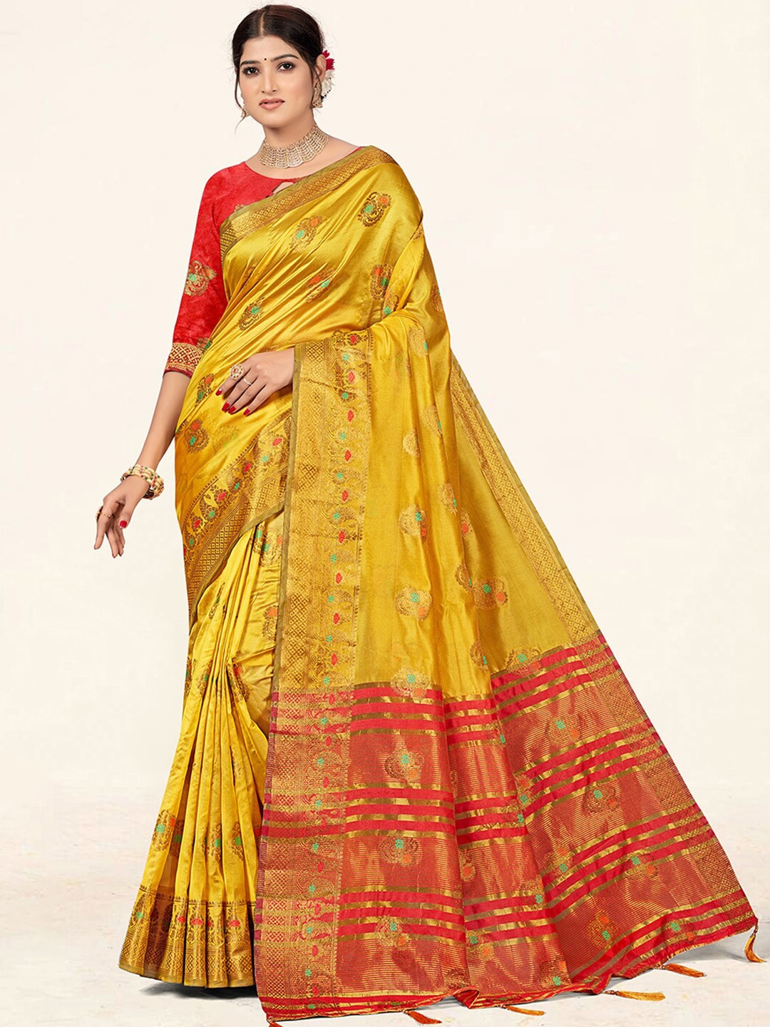 

SANGAM PRINTS Woven Design Zari Organza Saree, Yellow