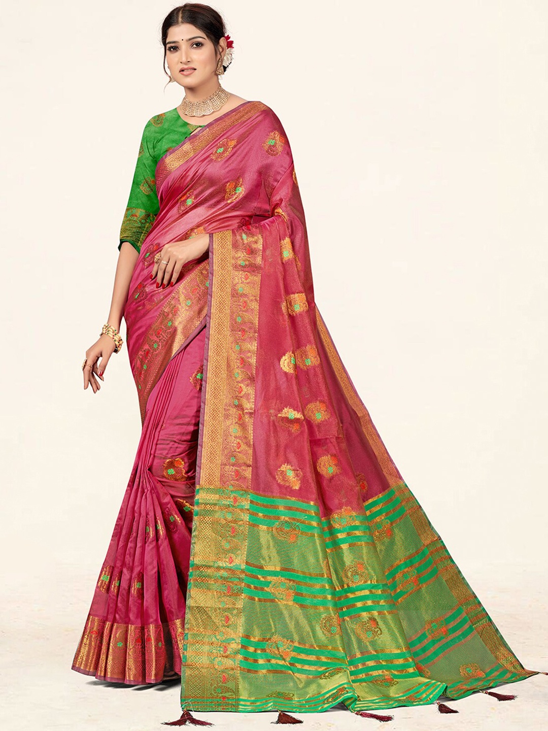

SANGAM PRINTS Woven Design Zari Organza Saree, Pink
