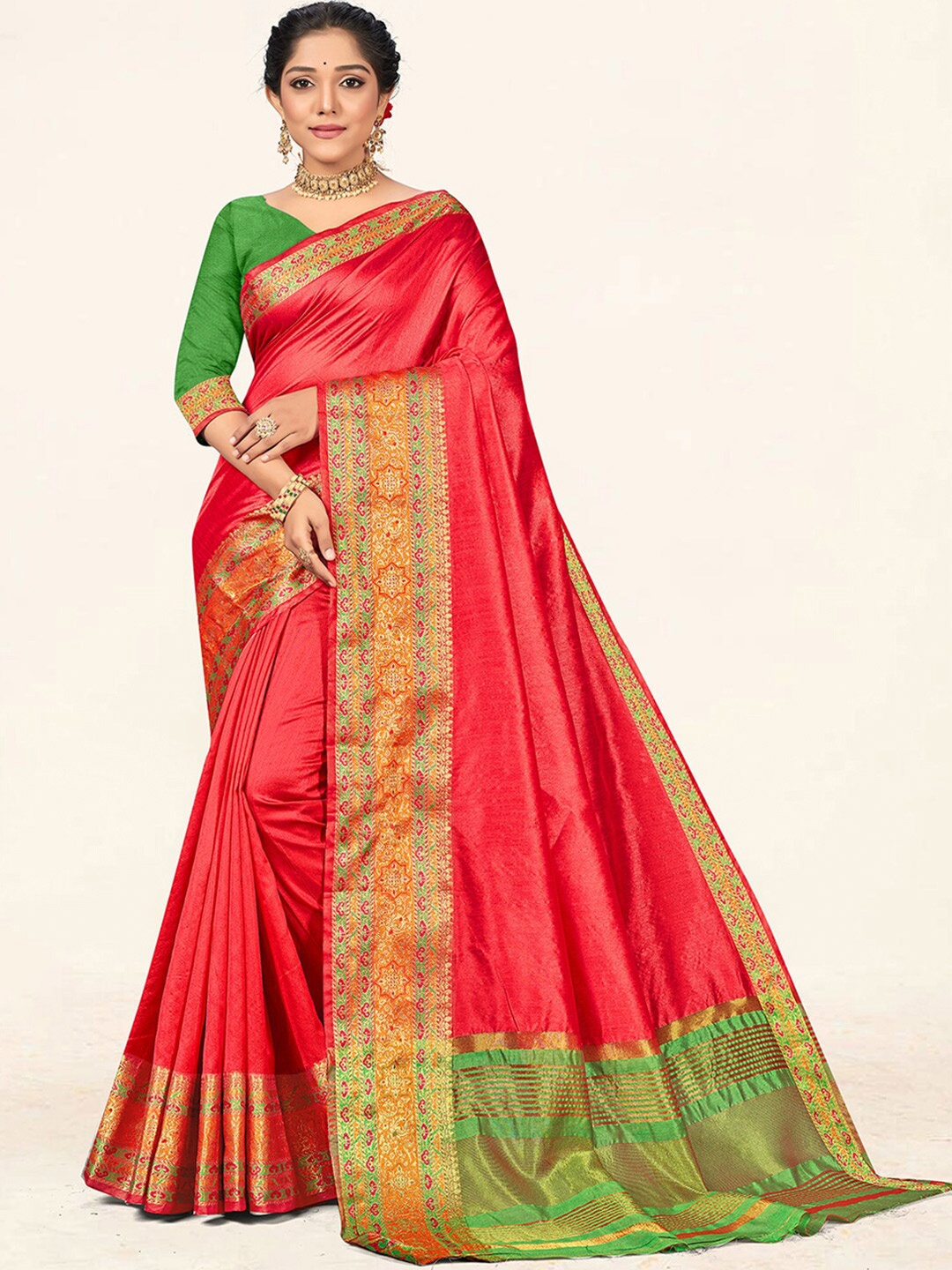 

SANGAM PRINTS Zari Silk Blend Saree, Pink