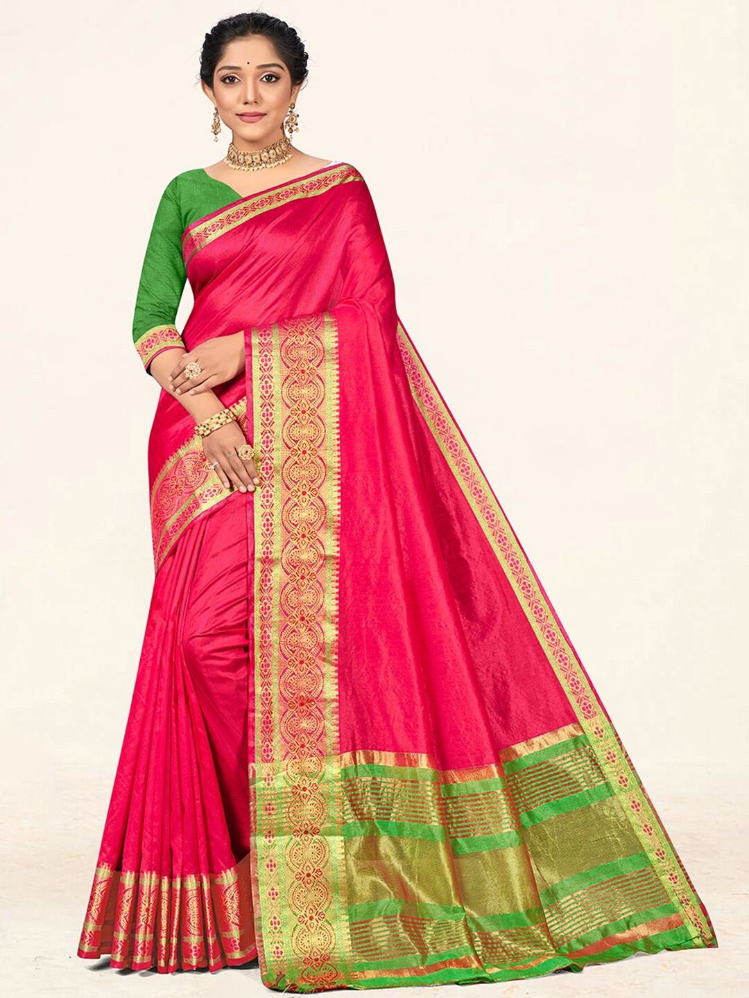 

SANGAM PRINTS Zari Silk Blend Saree, Pink