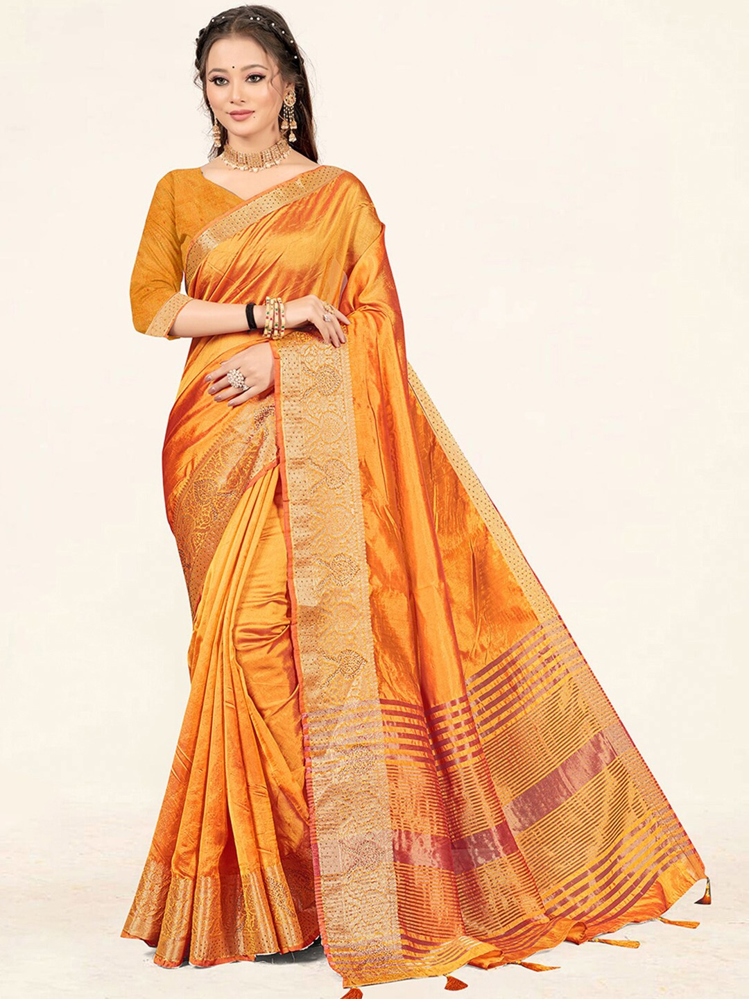 

SANGAM PRINTS Zari Organza Saree With Tassels, Yellow