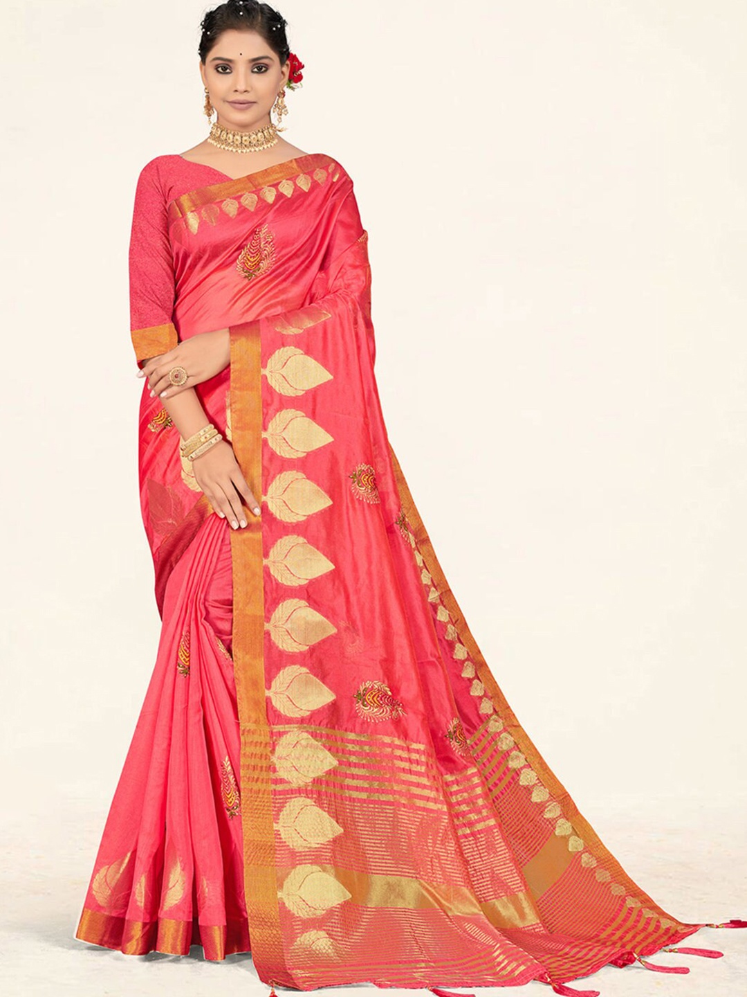 

SANGAM PRINTS Woven Design Zari Organza Saree, Pink