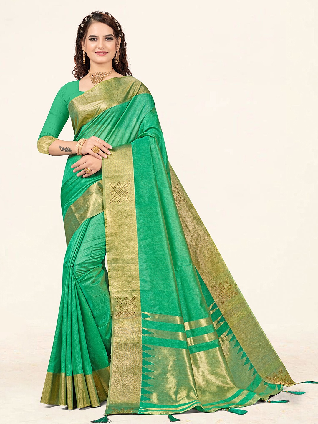 

SANGAM PRINTS Woven Design Zari Saree, Sea green