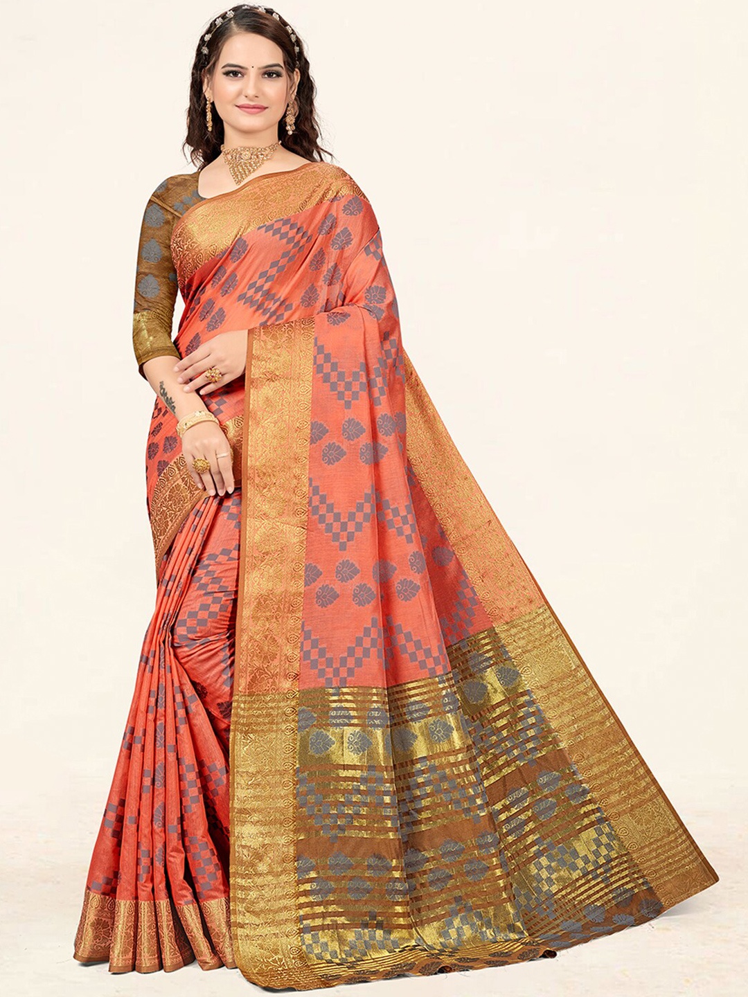 

SANGAM PRINTS Ethnic Motifs Woven Design Zari Saree, Peach