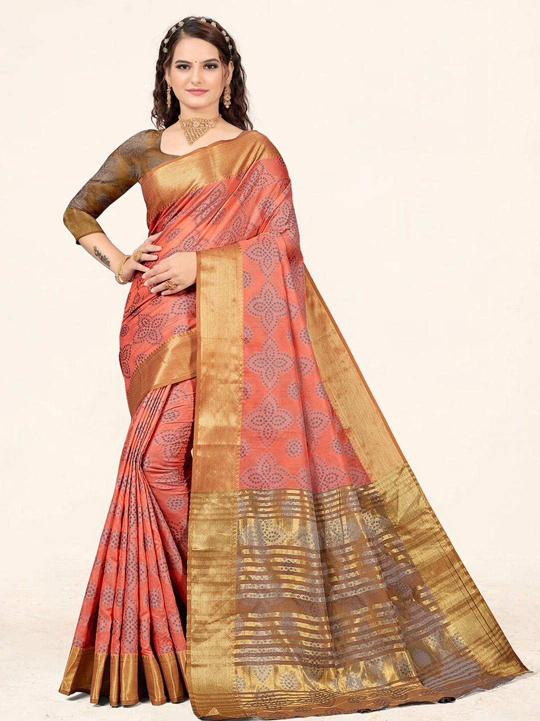 

SANGAM PRINTS Ethnic Motifs Zari Saree, Peach