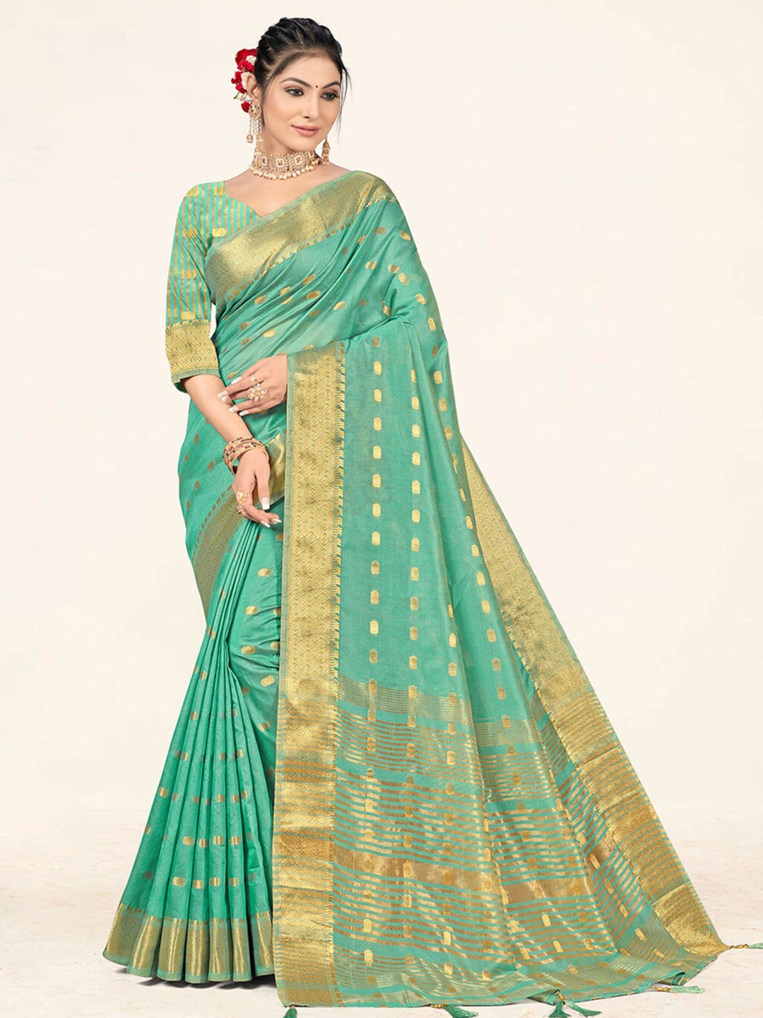 

SANGAM PRINTS Woven Design Zari Art Silk Saree, Sea green