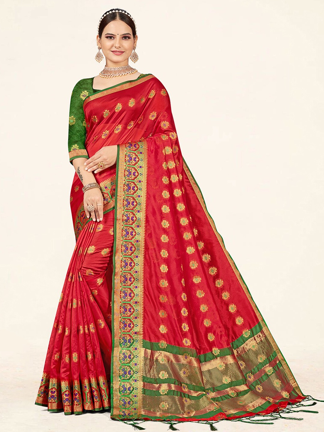 

SANGAM PRINTS Woven Design Zari Organza Saree, Red