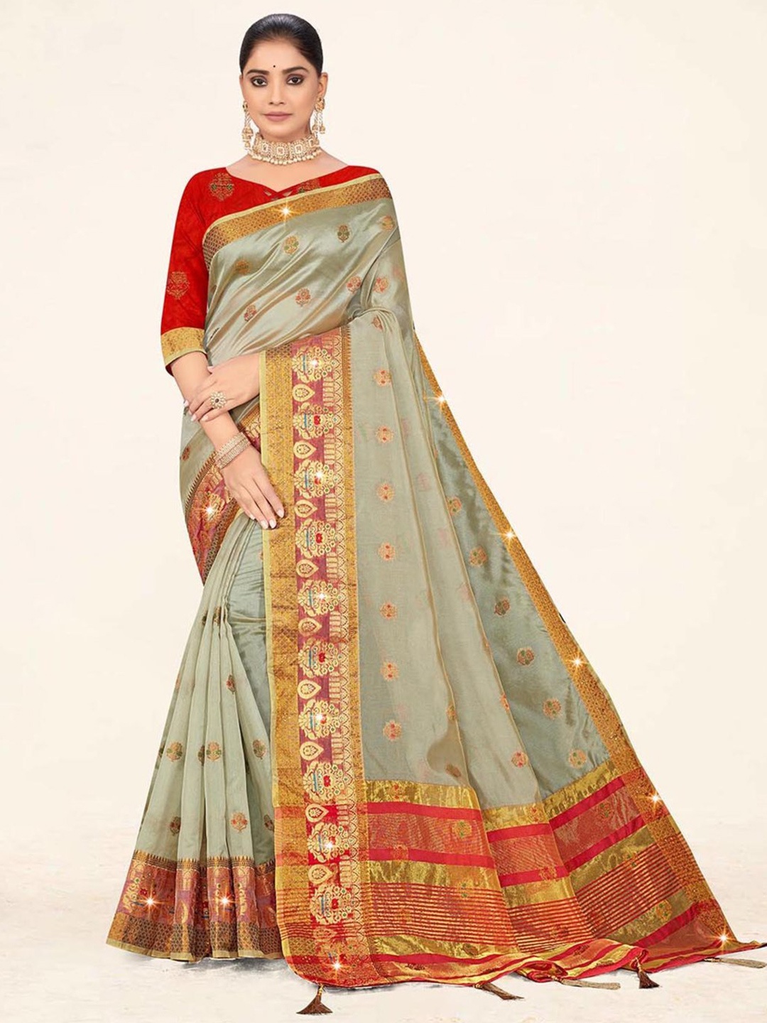 

SANGAM PRINTS Woven Design Zari Organza Saree, Grey