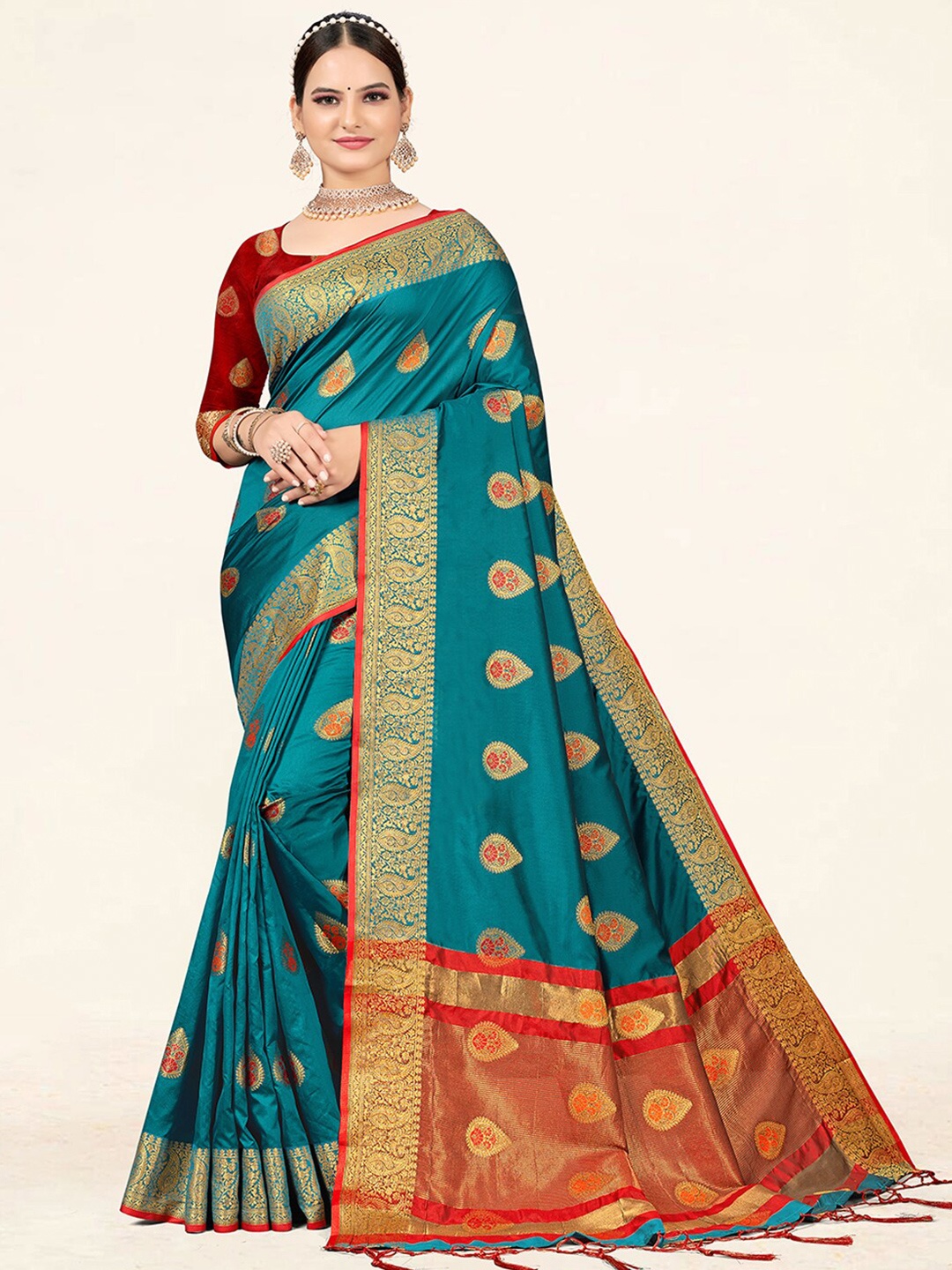 

SANGAM PRINTS Floral Woven Design Zari Saree, Sea green