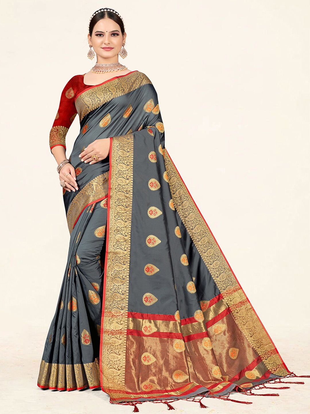 

SANGAM PRINTS Floral Woven Design Zari Saree, Grey