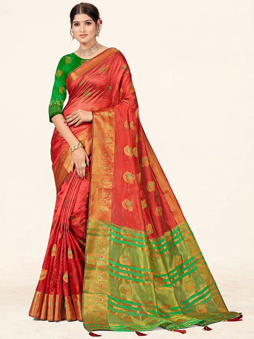 

SANGAM PRINTS Ethnic Woven Design Zari Organza Saree, Rust