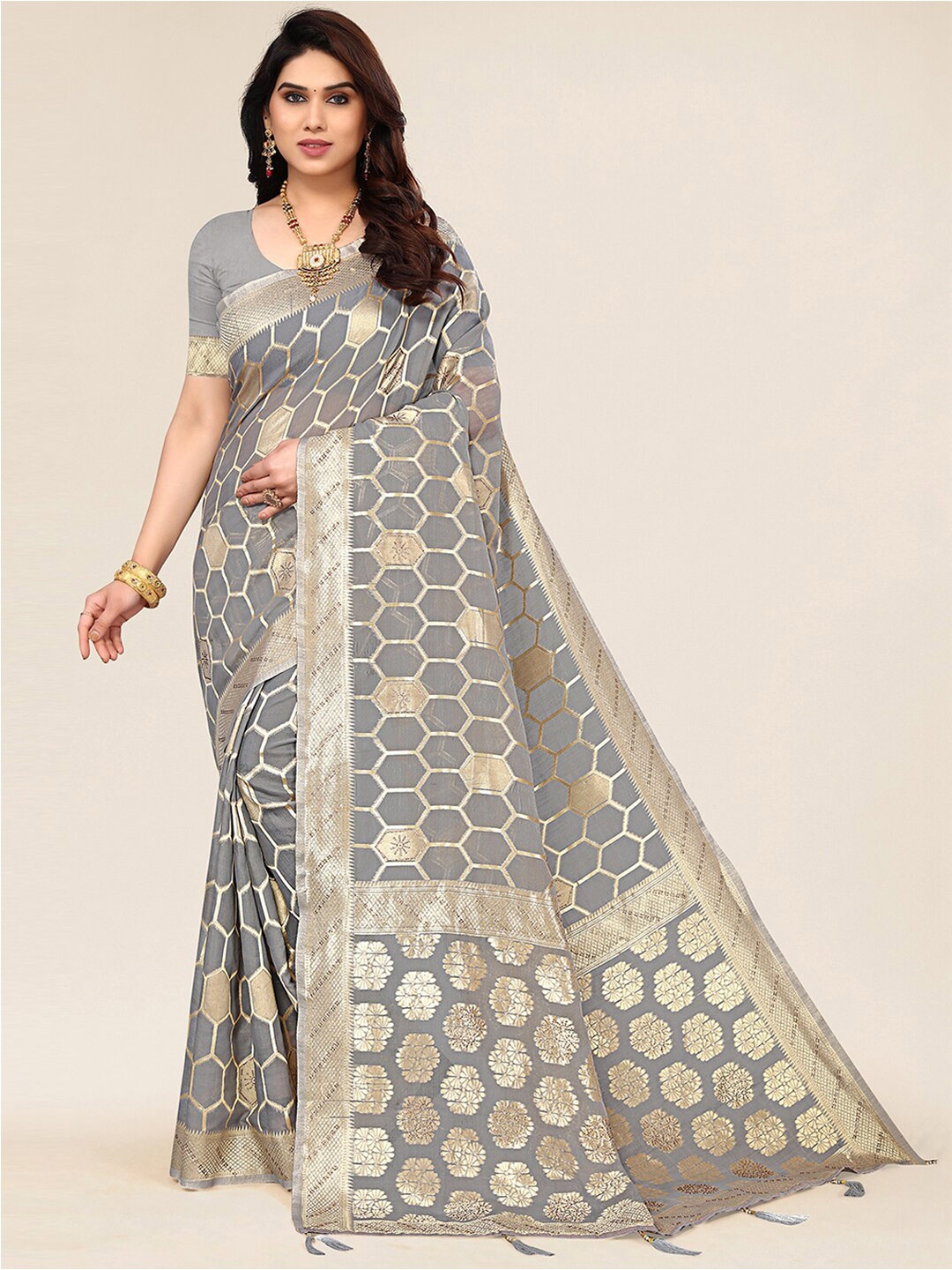 

SANGAM PRINTS Floral Woven Design Zari Saree, Grey
