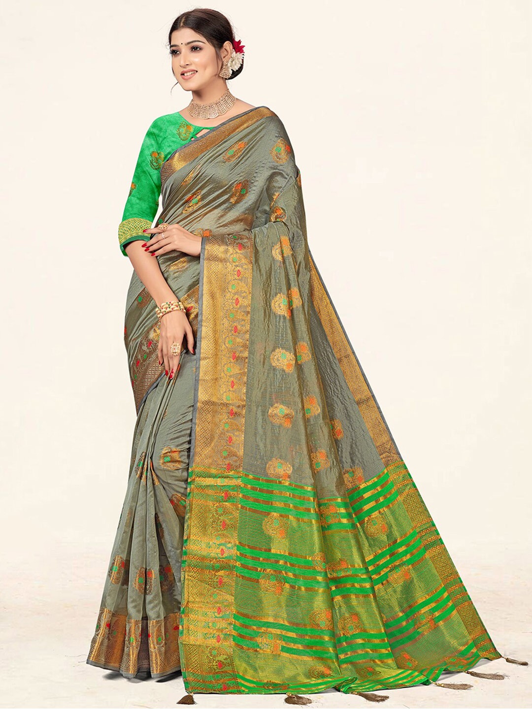 

SANGAM PRINTS Ethnic Woven Design Zari Organza Saree, Grey