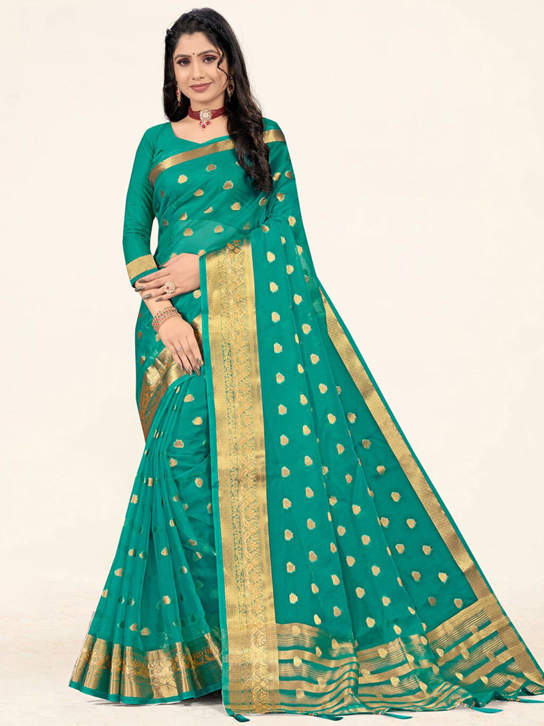 

SANGAM PRINTS Ethnic Woven Design Zari Organza Saree, Sea green