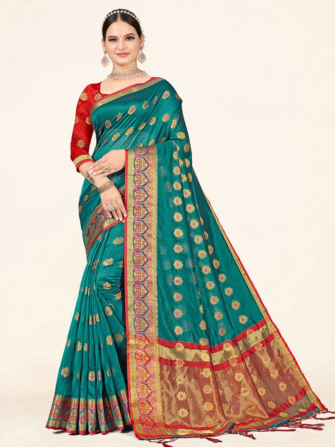 

SANGAM PRINTS Ethnic Woven Design Zari Organza Saree, Sea green