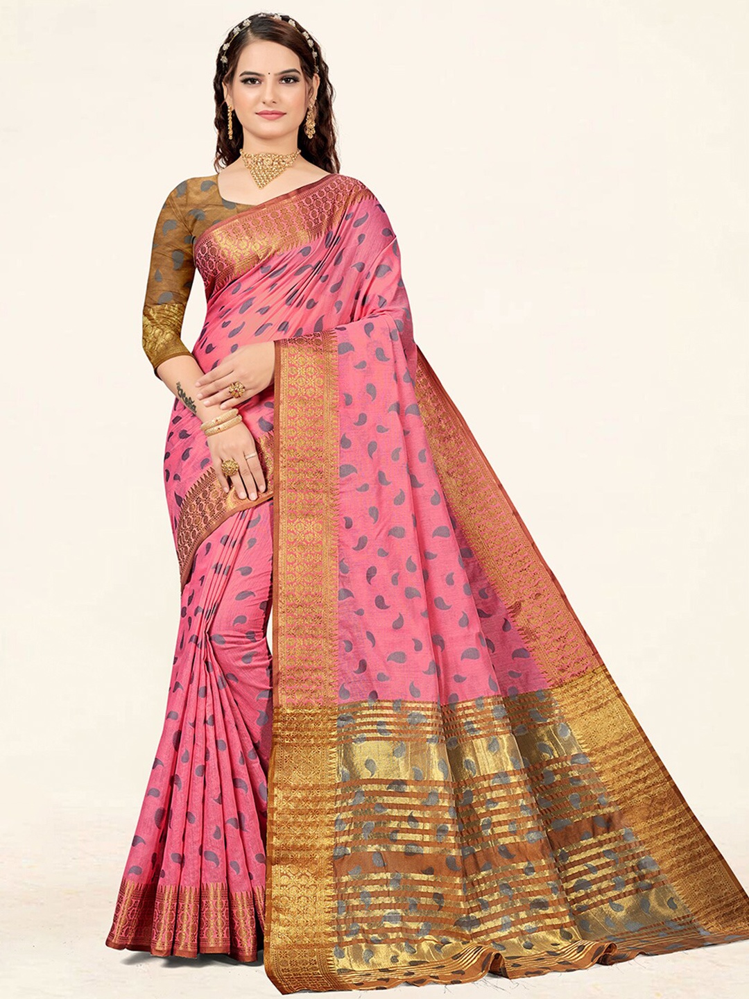 

SANGAM PRINTS Paisley Woven Design Zari Saree, Pink