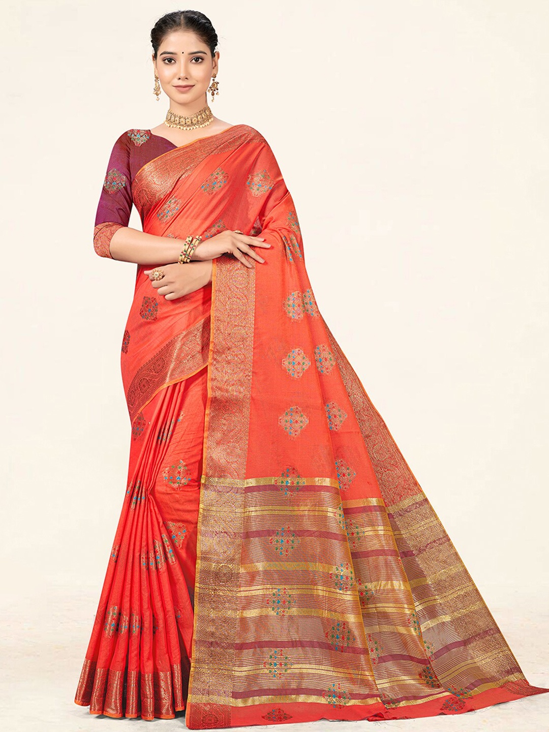 

SANGAM PRINTS Ethnic Motifs Woven Design Zari Saree, Peach