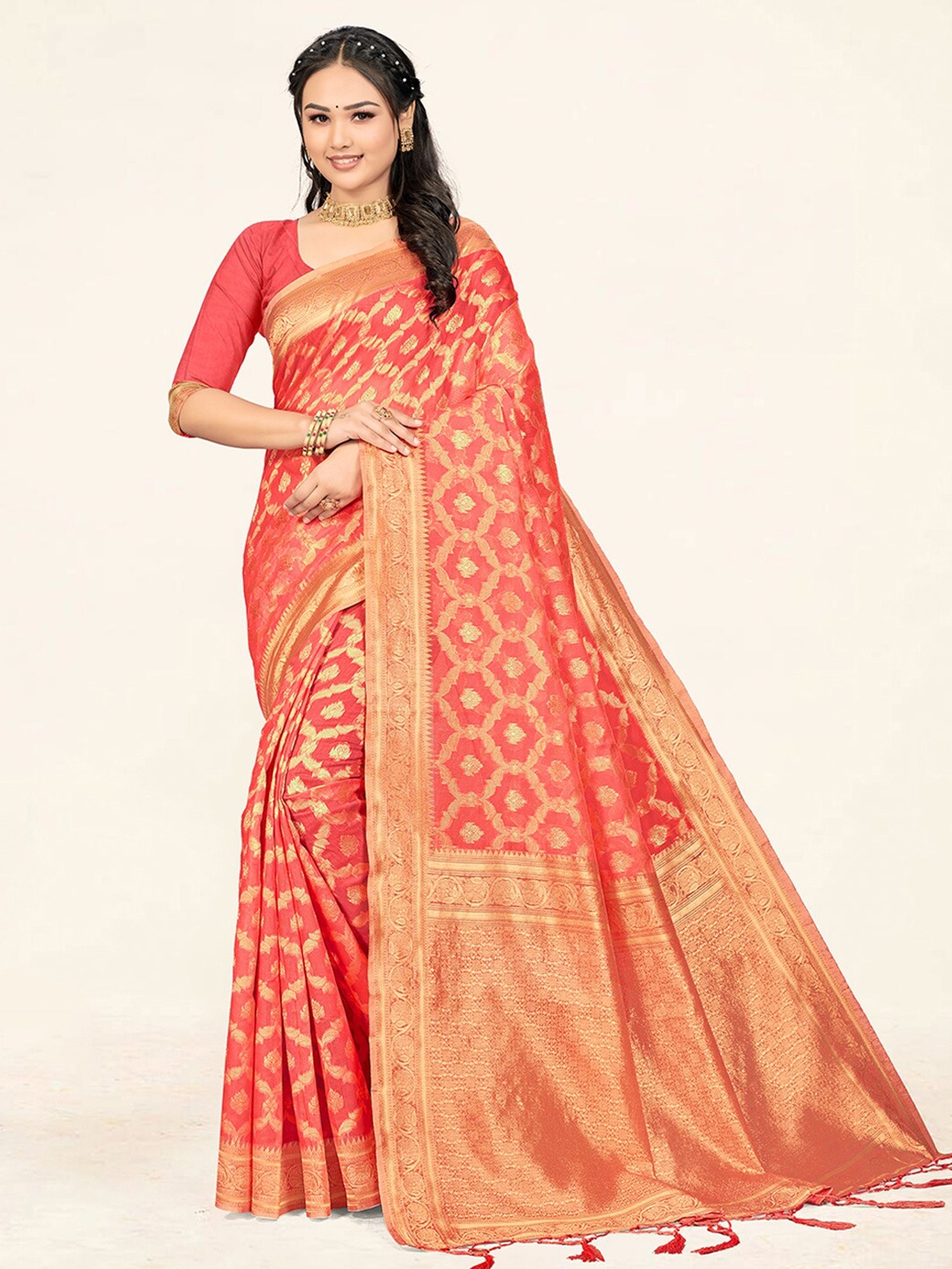 

SANGAM PRINTS Ethnic Motifs Woven Design Zari Saree, Pink