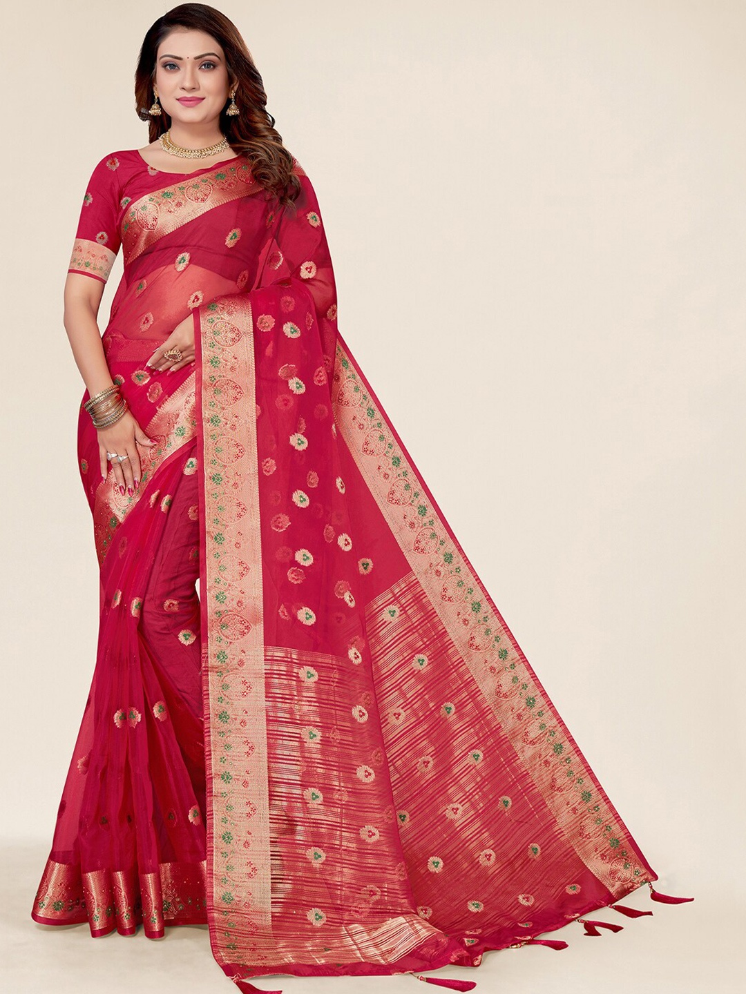 

SANGAM PRINTS Ethnic Motifs Woven Design Zari Organza Saree, Pink