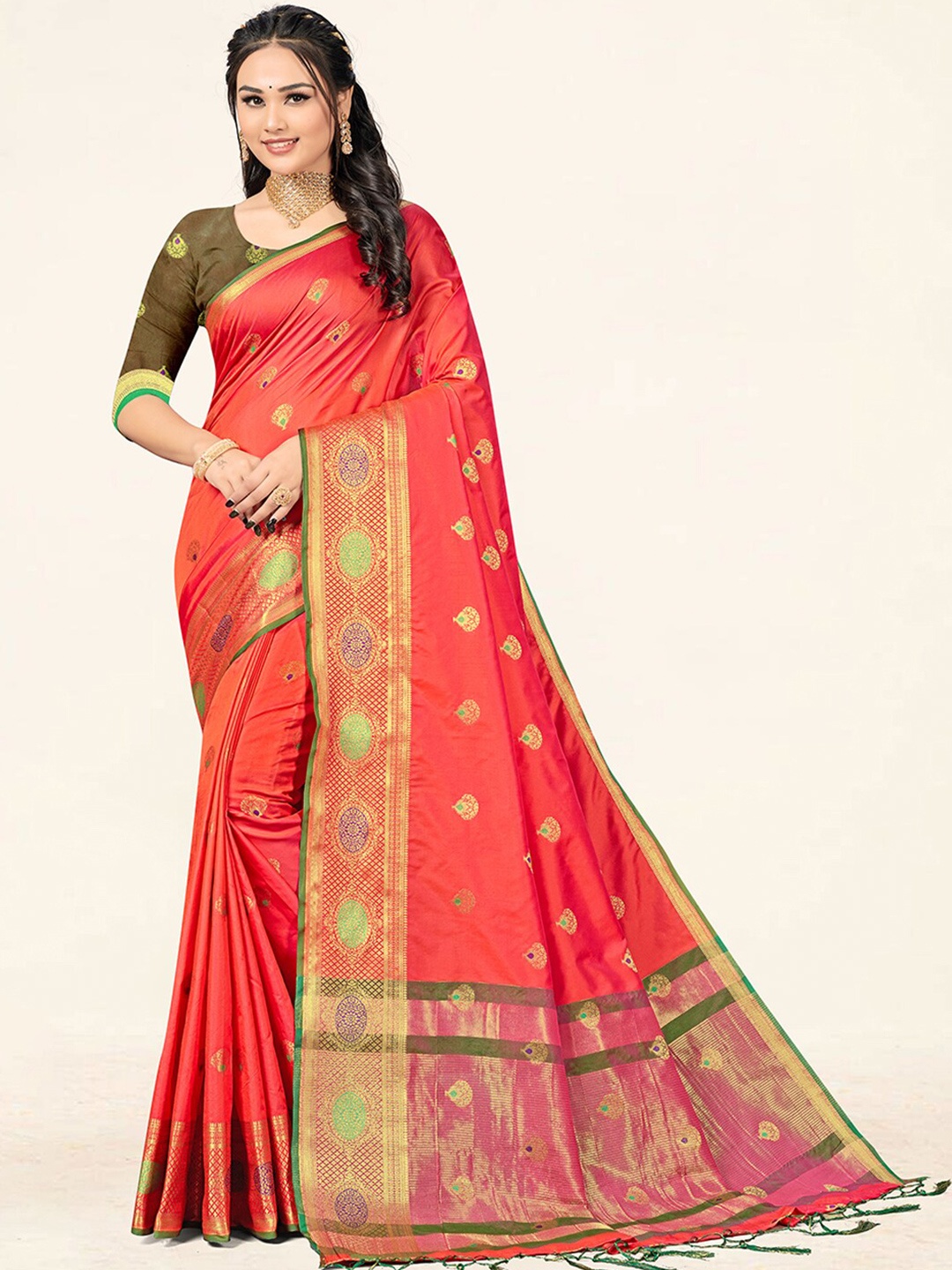 

SANGAM PRINTS Ethnic Motifs Woven Design Zari Saree, Peach