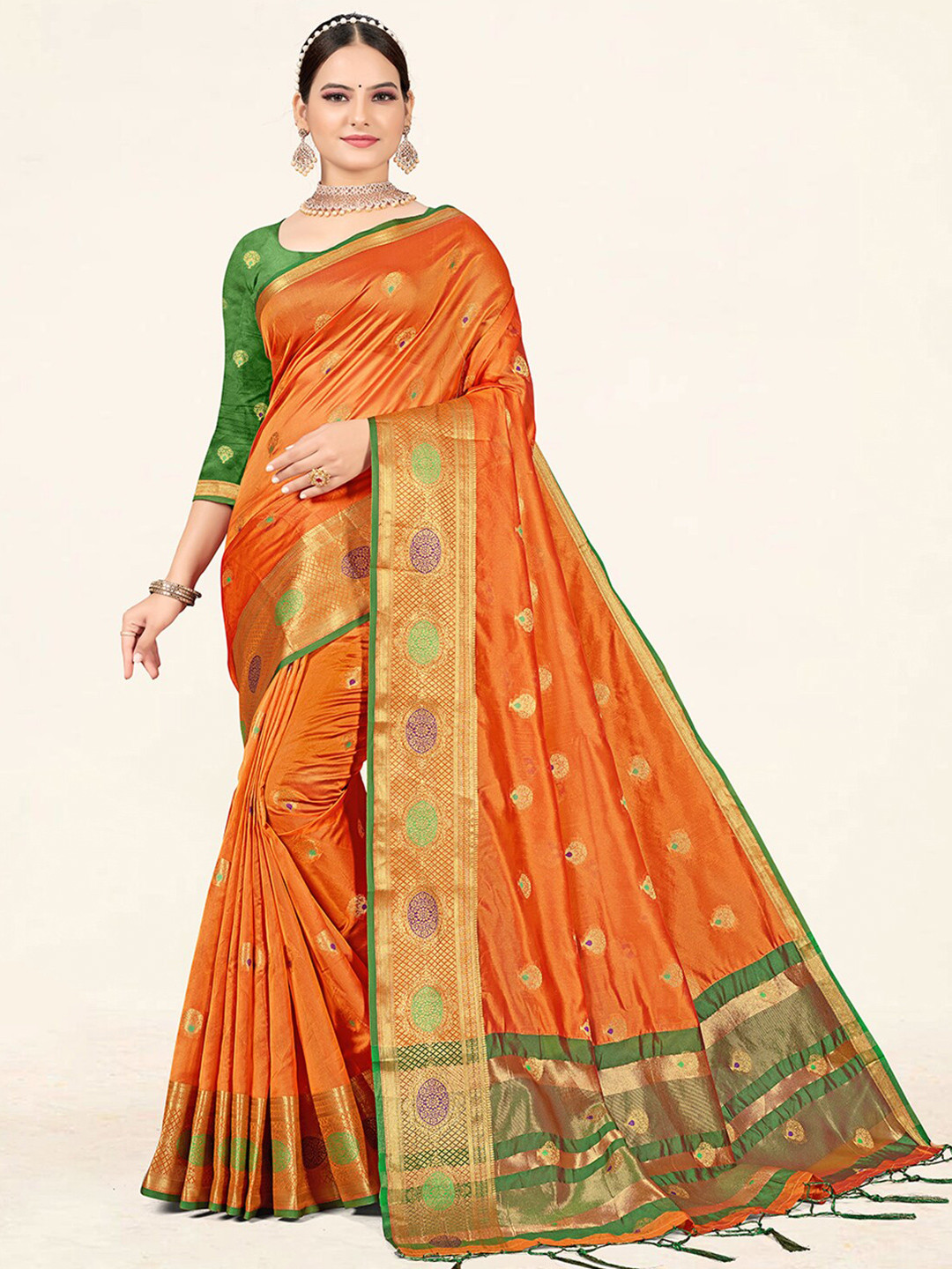 

SANGAM PRINTS Ethnic Motifs Woven Design Zari Organza Saree, Yellow