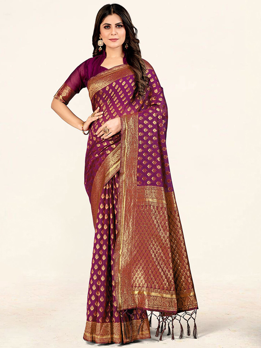 

SANGAM PRINTS Ethnic Motifs Woven Design Zari Saree, Purple