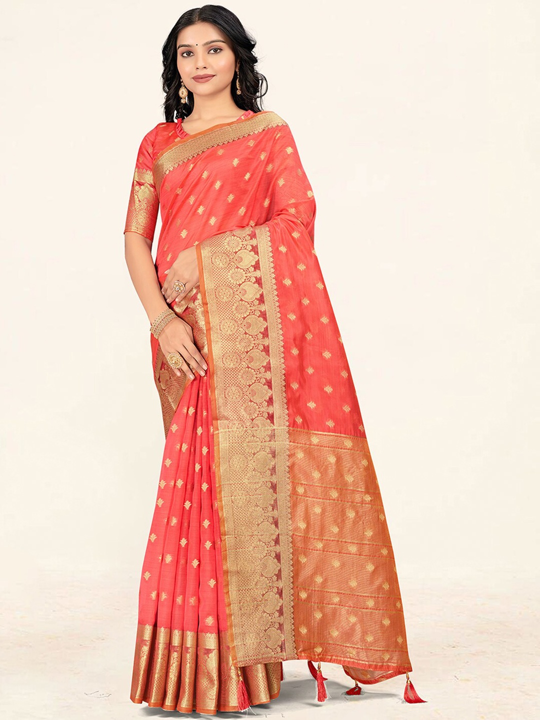 

SANGAM PRINTS Ethnic Motifs Woven Design Zari Organza Saree, Pink