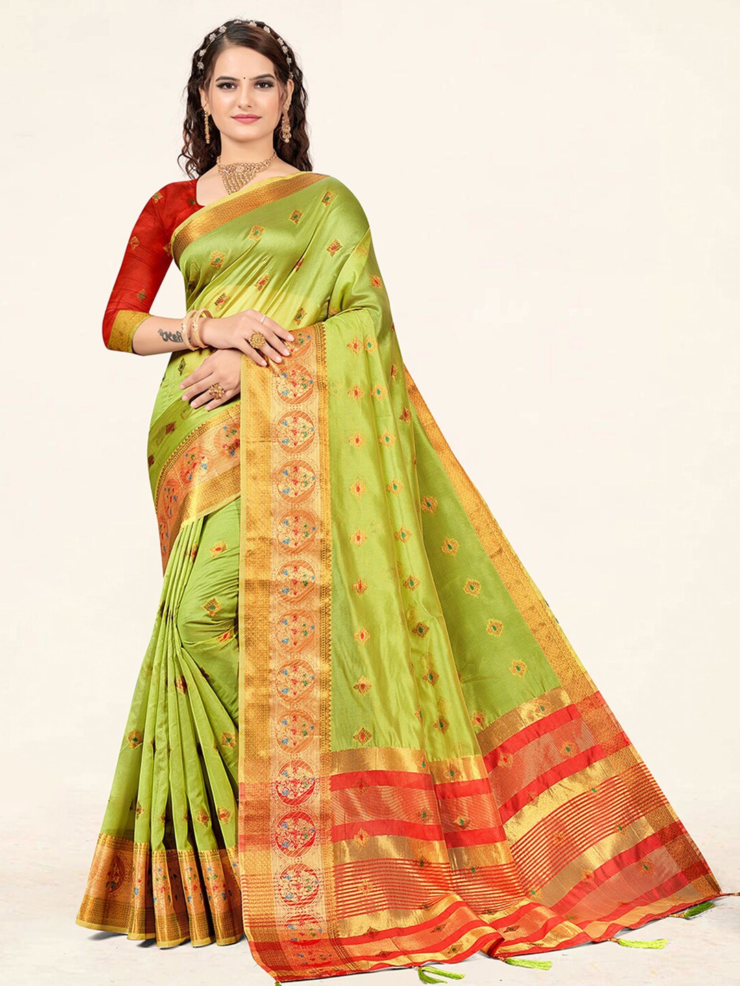 

SANGAM PRINTS Ethnic Woven Design Zari Organza Saree, Green