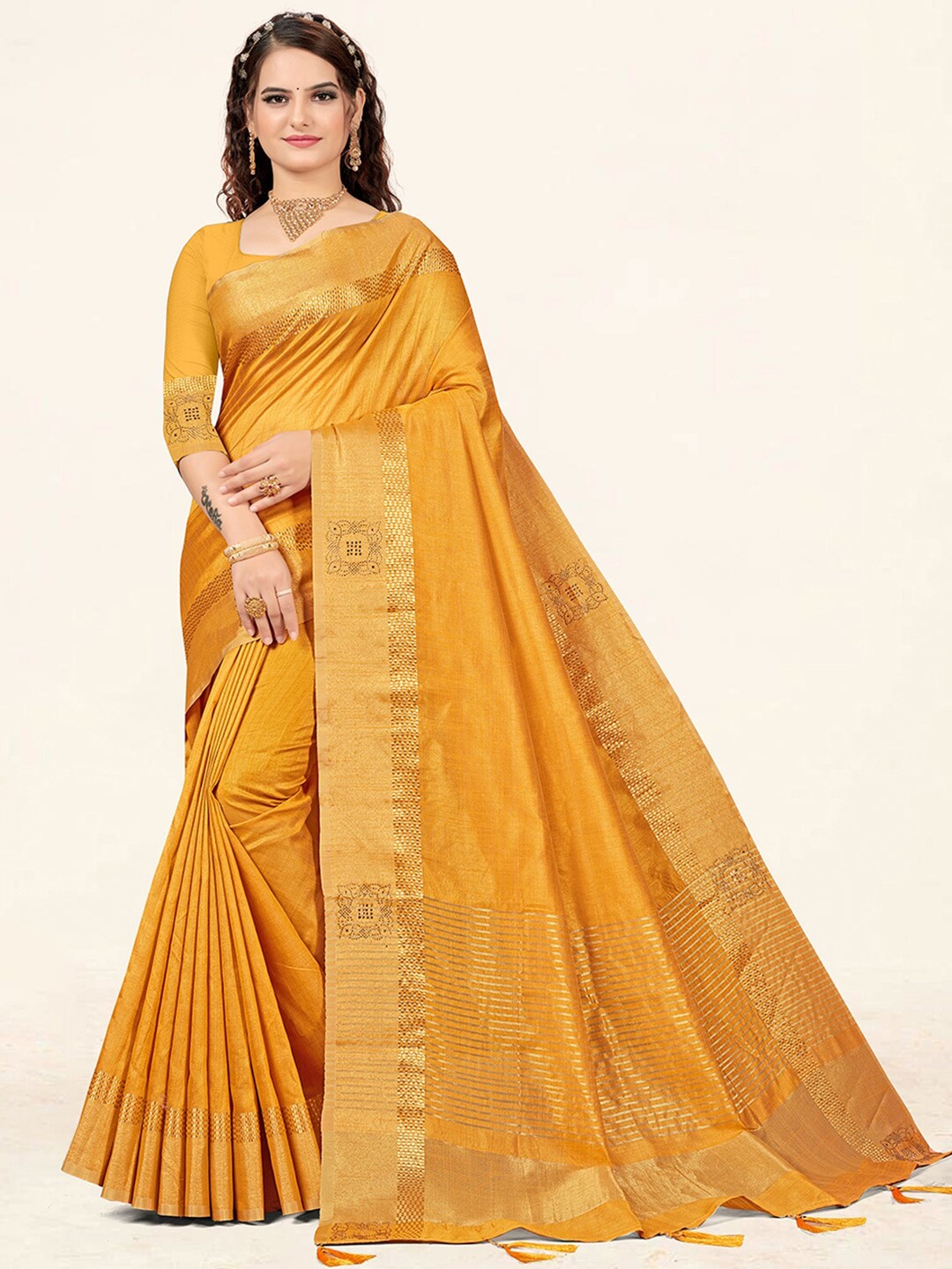 

SANGAM PRINTS Zari Silk Blend Saree, Mustard