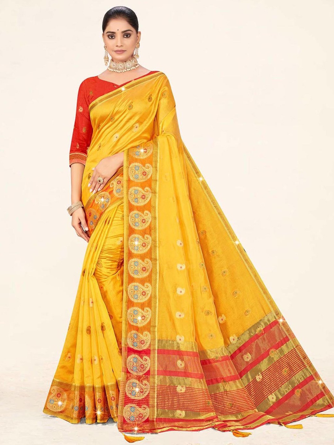

SANGAM PRINTS Paisley Woven Design Zari Organza Saree, Yellow
