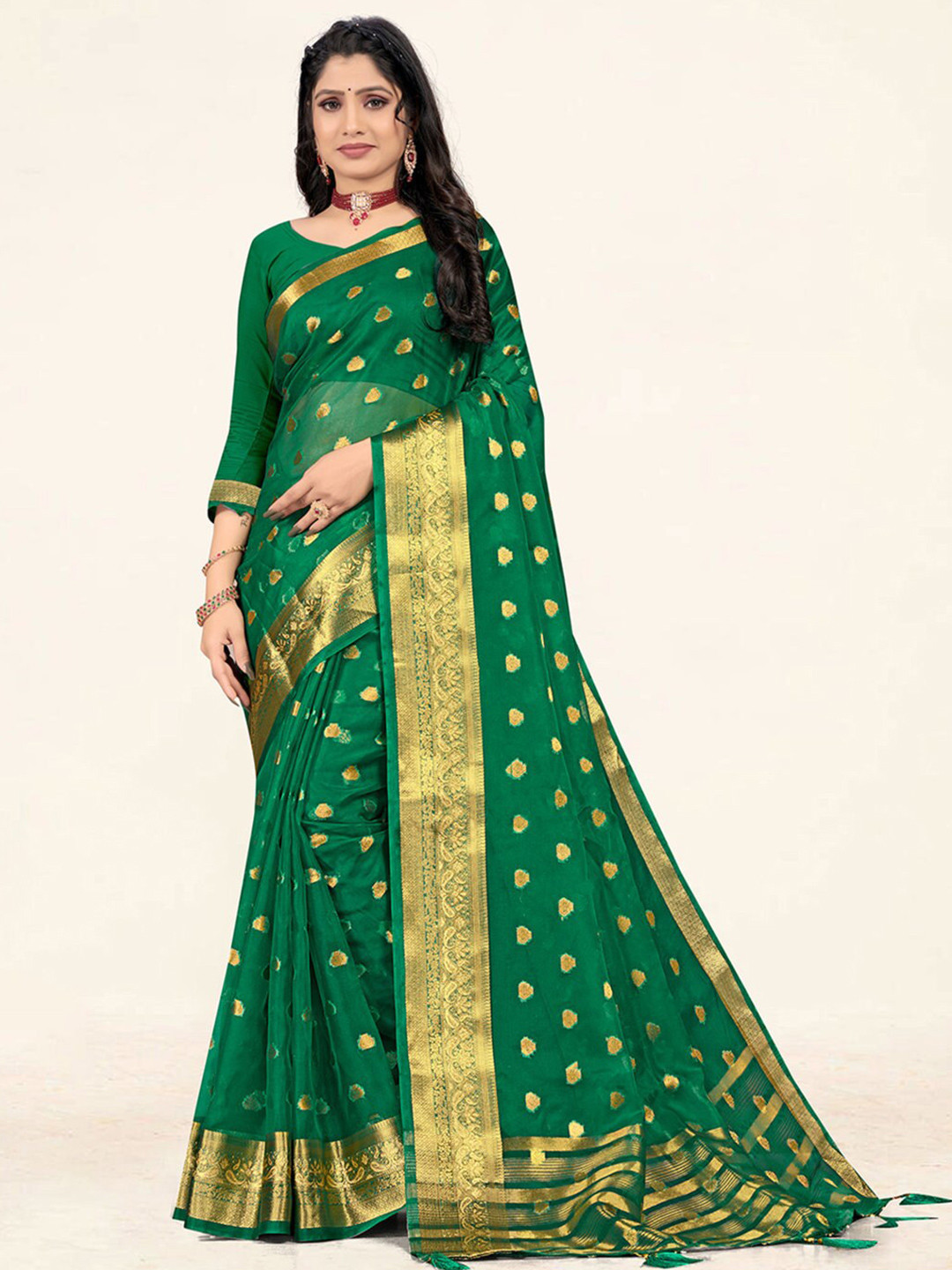 

SANGAM PRINTS Ethnic Woven Design Zari Organza Saree, Green