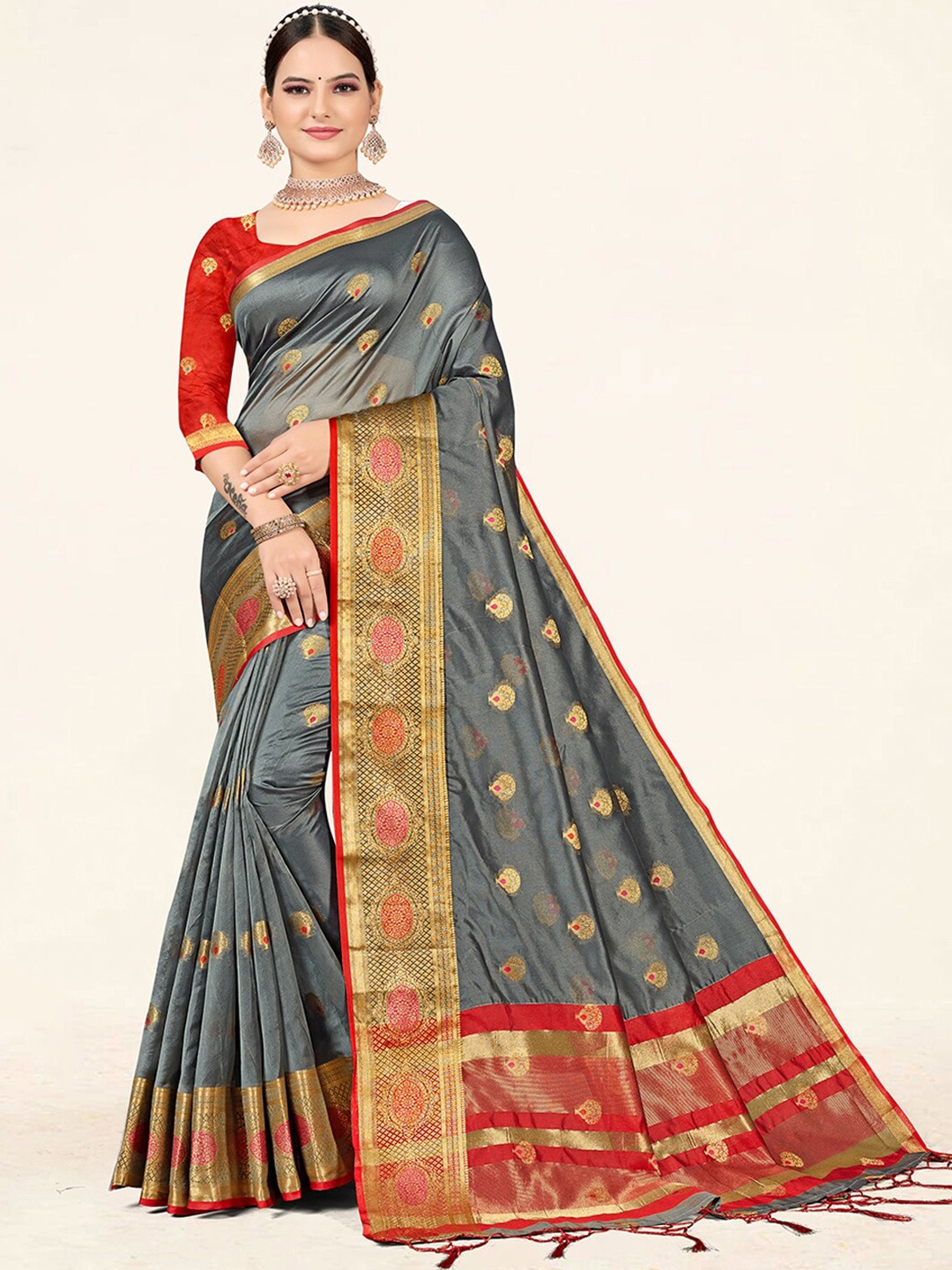 

SANGAM PRINTS Ethnic Woven Design Zari Organza Saree, Grey
