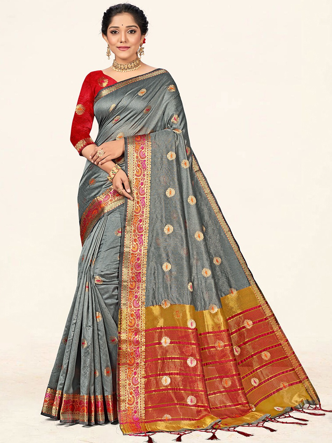 

SANGAM PRINTS Ethnic Woven Design Zari Saree, Grey