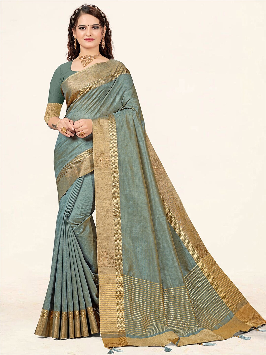 

SANGAM PRINTS Zari Silk Blend Saree, Grey