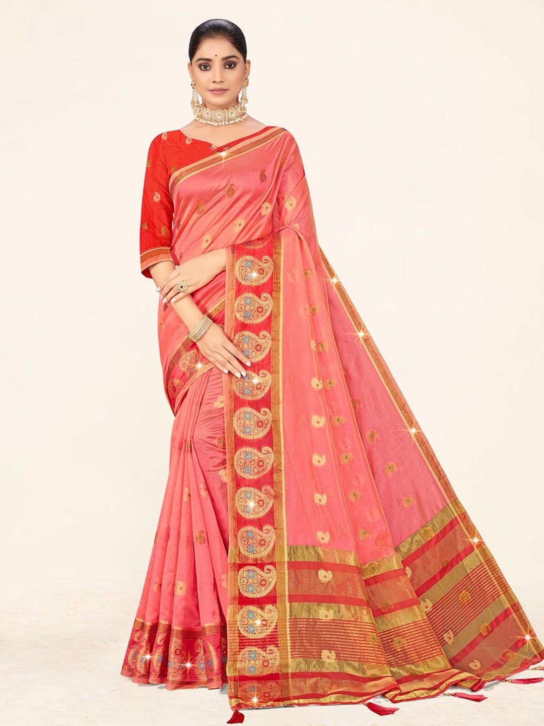 

SANGAM PRINTS Paisley Woven Design Zari Organza Saree, Pink