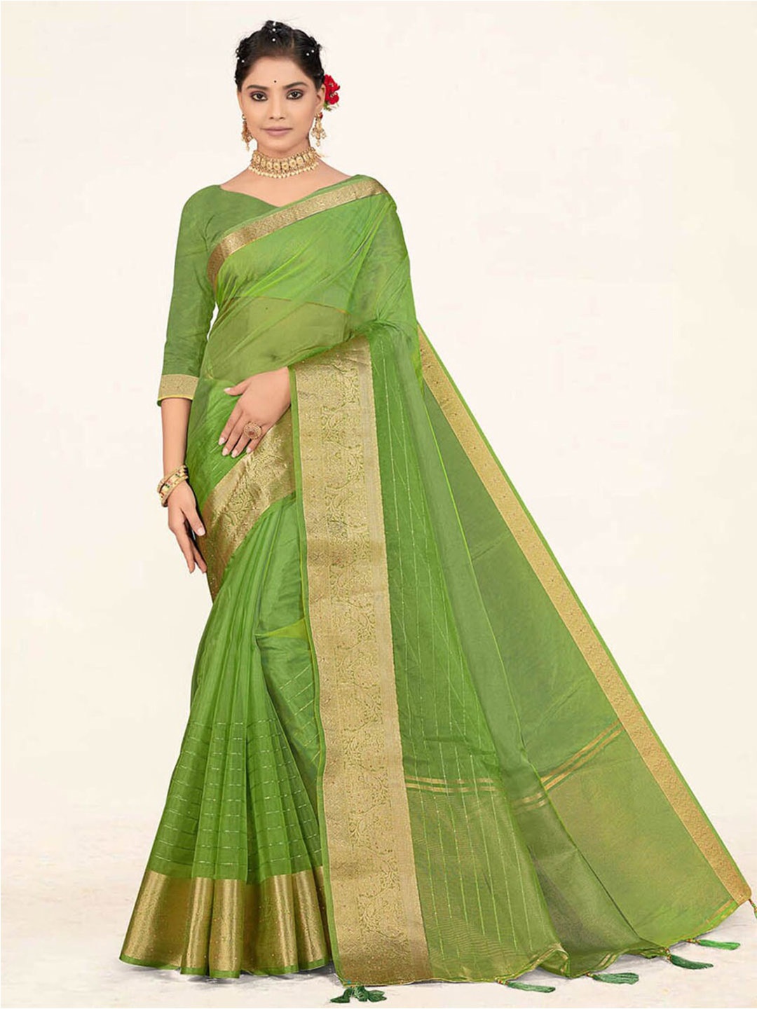 

SANGAM PRINTS Zari Organza Saree, Green