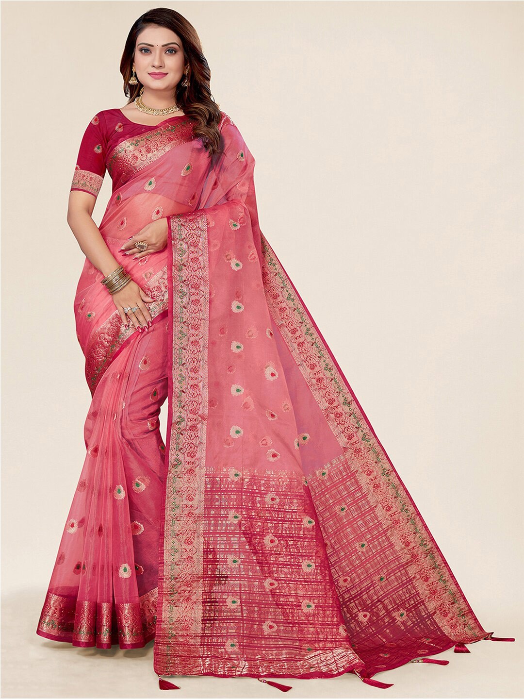 

SANGAM PRINTS Ethnic Woven Design Zari Organza Saree, Pink