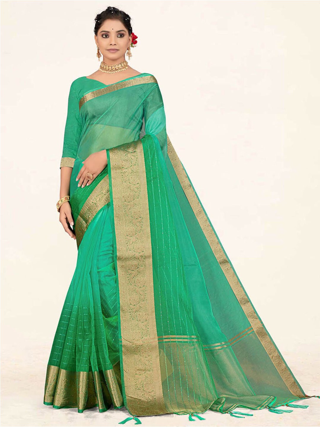 

SANGAM PRINTS Striped Zari Organza Saree, Sea green