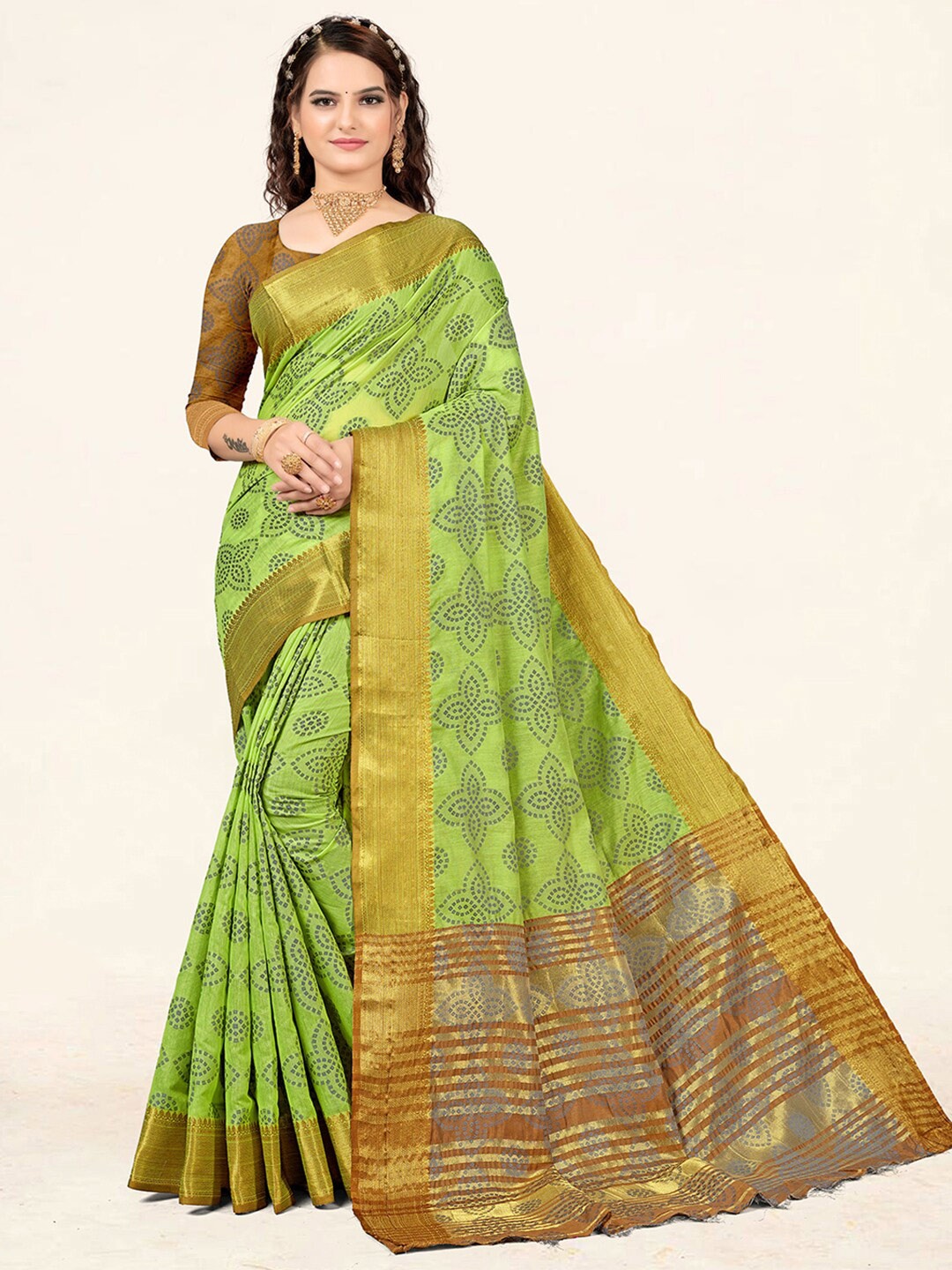 

SANGAM PRINTS Ethnic Motifs Printed Zari Saree, Green