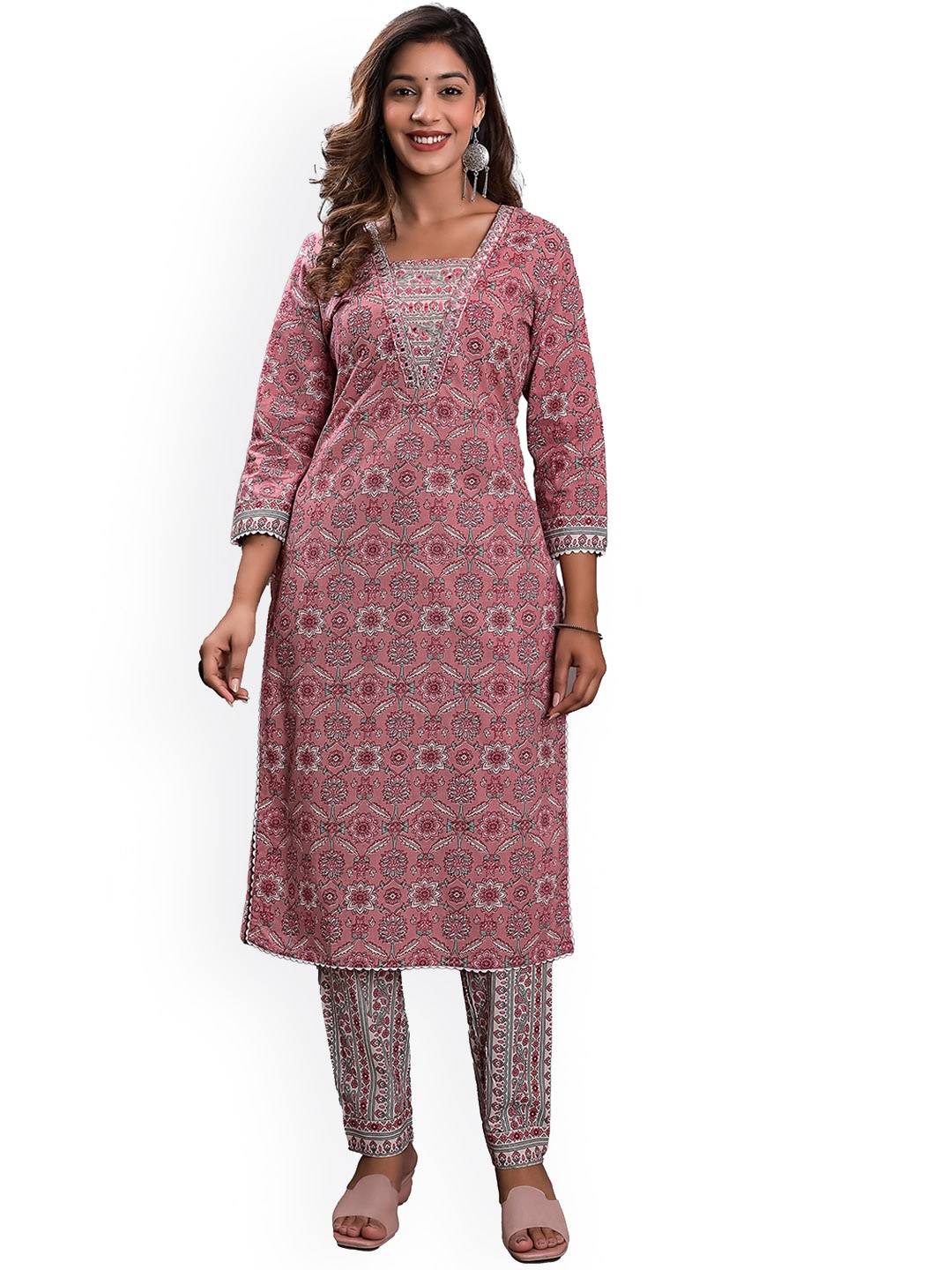 

KASHEEDA Floral Embroidered Pure Cotton Kurta With Trousers & With Dupatta, Pink