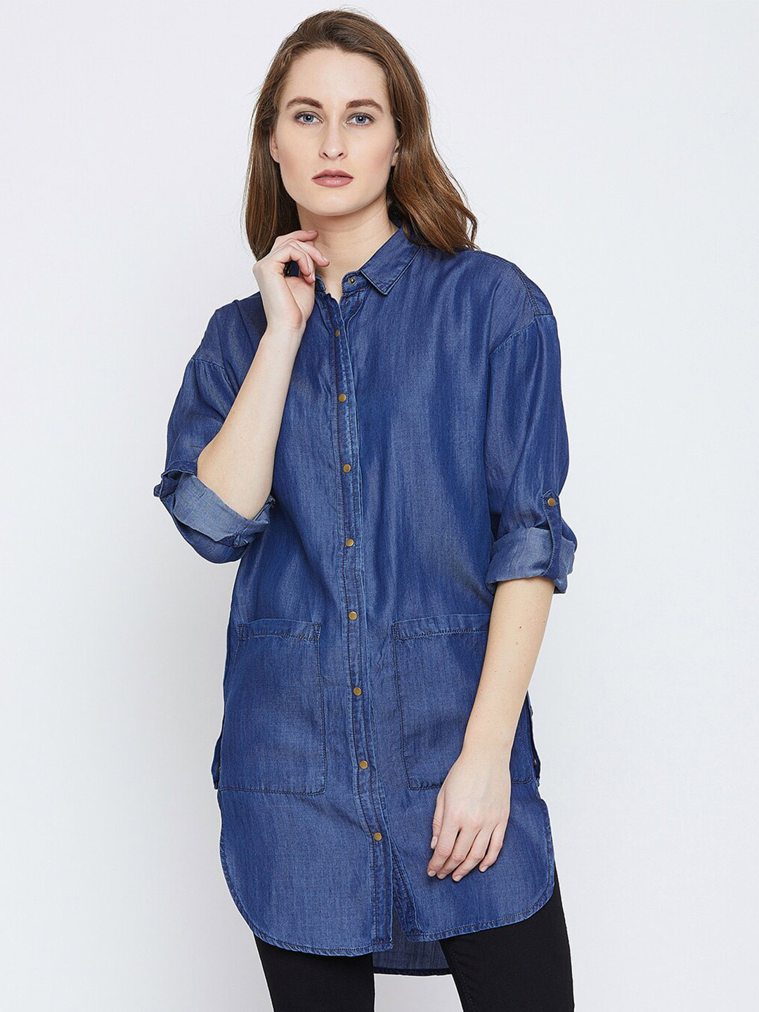 

PUNK Roll-Up Sleeves Casual Longline Cotton Shirt, Blue