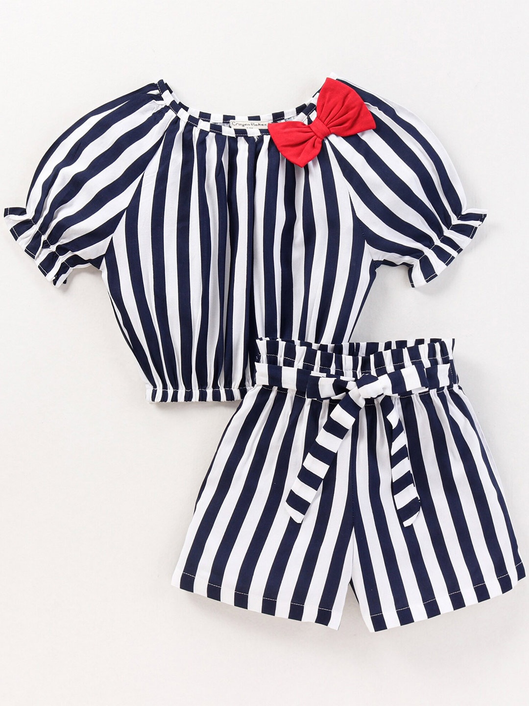 

CrayonFlakes Girls Striped Top with Shorts Clothing Set, Navy blue