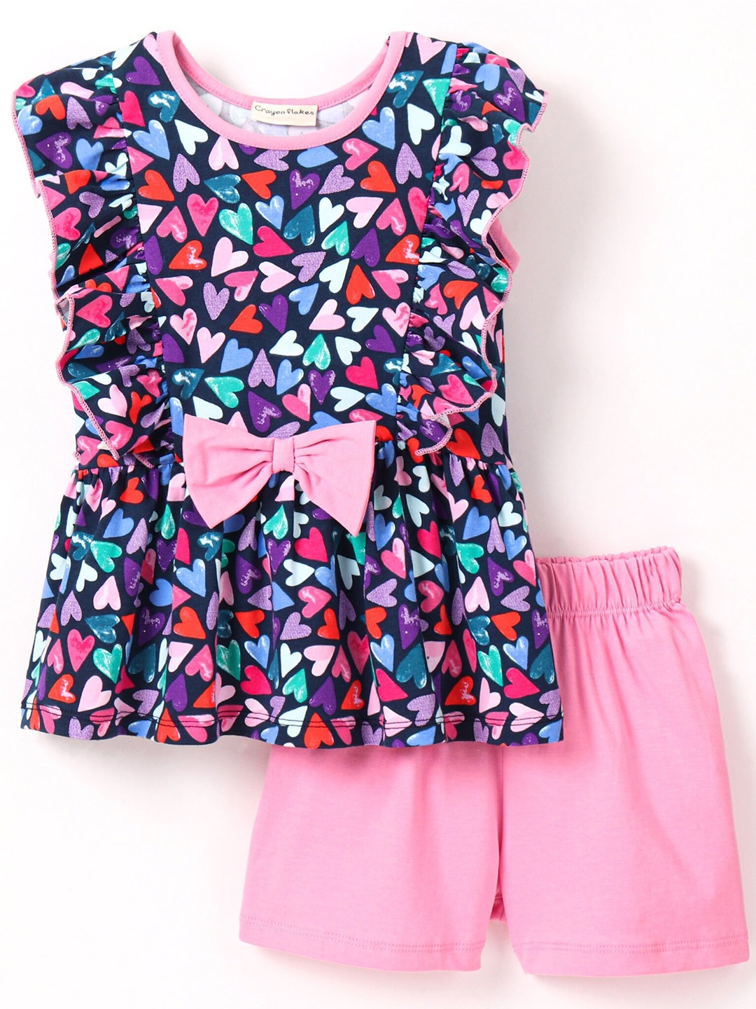 

CrayonFlakes Girls Printed Top with Shorts Cotton Clothing Set, Navy blue