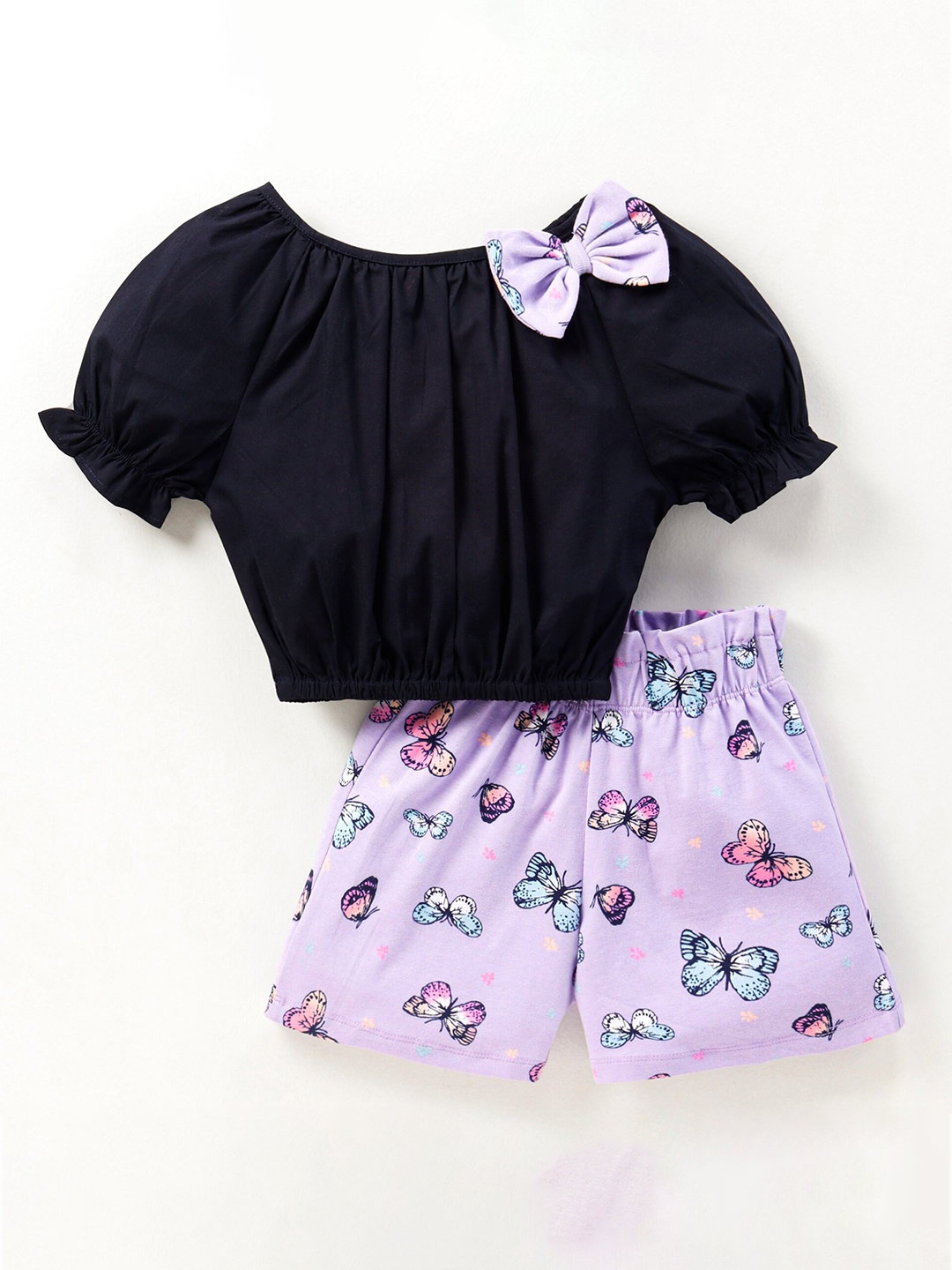 

CrayonFlakes Girls Top with Printed Shorts Pure Cotton Clothing Set, Navy blue