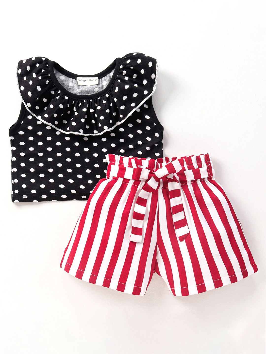 

CrayonFlakes Girls Printed Top with Striped Shorts Clothing Set, Black