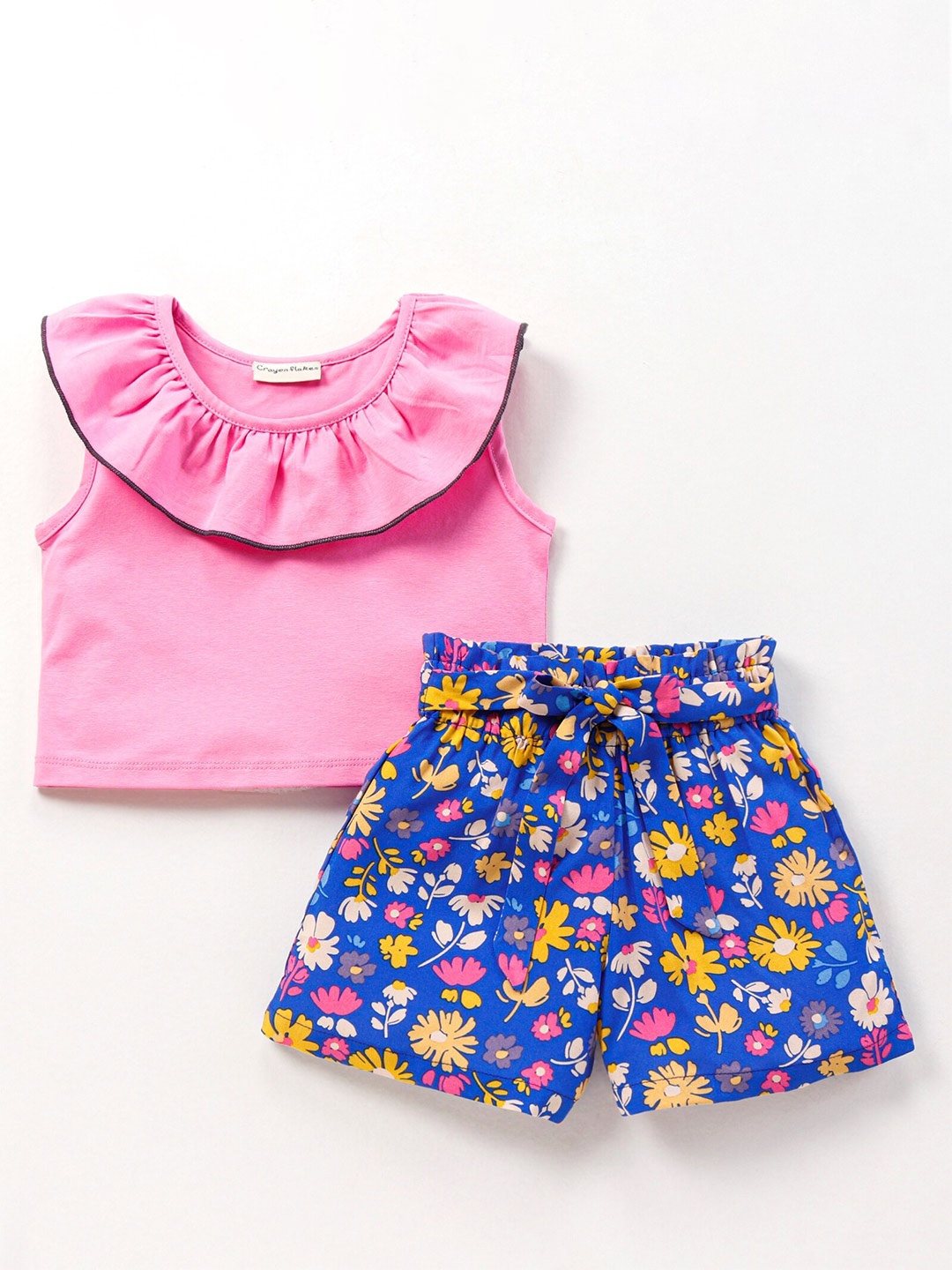 CrayonFlakes Girls Top with Printed Shorts Clothing Set, Pink