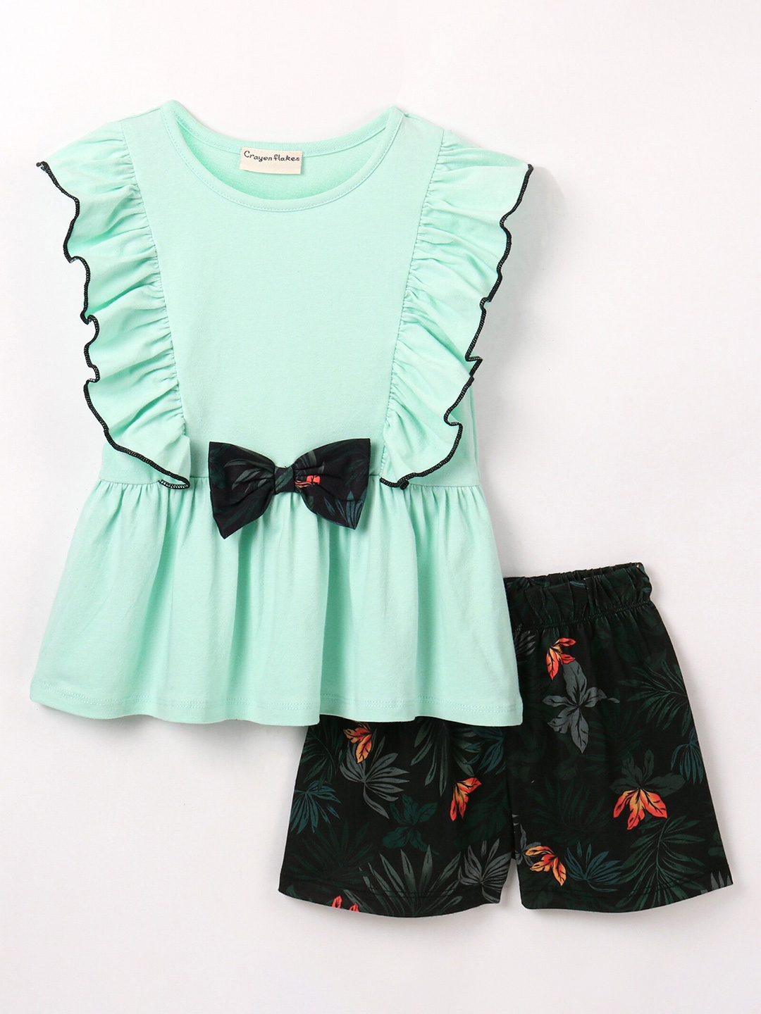 

CrayonFlakes Girls Top with Printed Shorts Clothing Set, Sea green